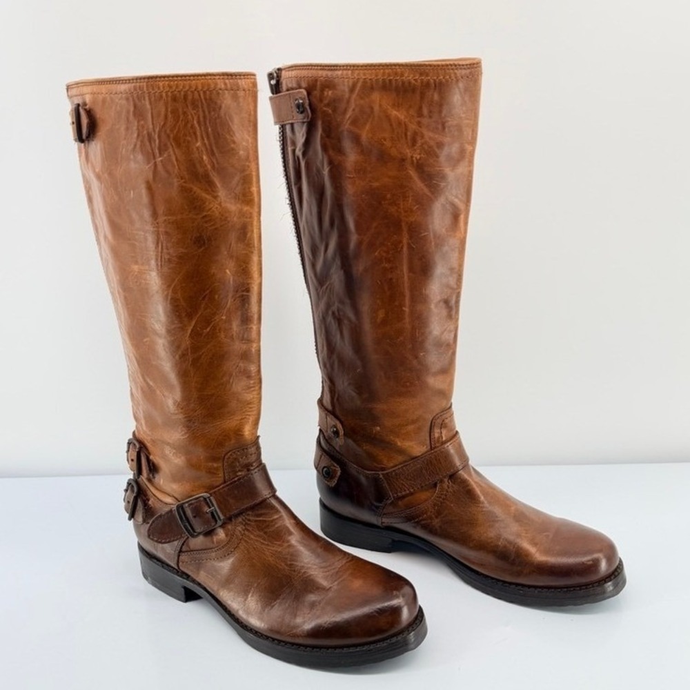 Frye Veronica Back-Zip Tall Boot Brown Cognac Leather Moto Riding Boots Women 9B